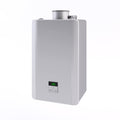 Front | Complete silver tankless water heater shown upright on a white background