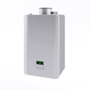Front | Complete silver tankless water heater shown upright on a white background