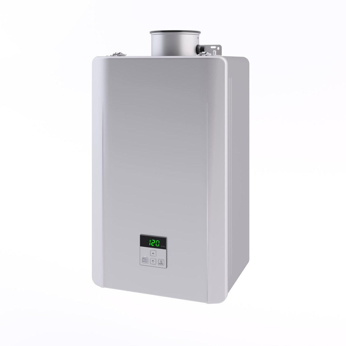 Front | Complete silver tankless water heater shown upright on a white background