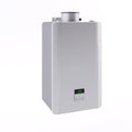 Angle | Silver tankless water heater shown from a slightly raised front angle with the complete cabinet visible