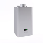 Angle | Silver tankless water heater shown from a slightly raised front angle with the complete cabinet visible