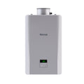 Front | Silver tankless water heater shown straight on with the control panel visible