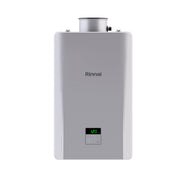 Front | Silver tankless water heater shown straight on with the control panel visible