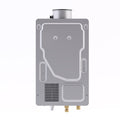 Angle | Silver tankless water heater shown from a high front angle with the full cabinet visible