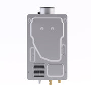 Angle | Silver tankless water heater shown from a high front angle with the full cabinet visible