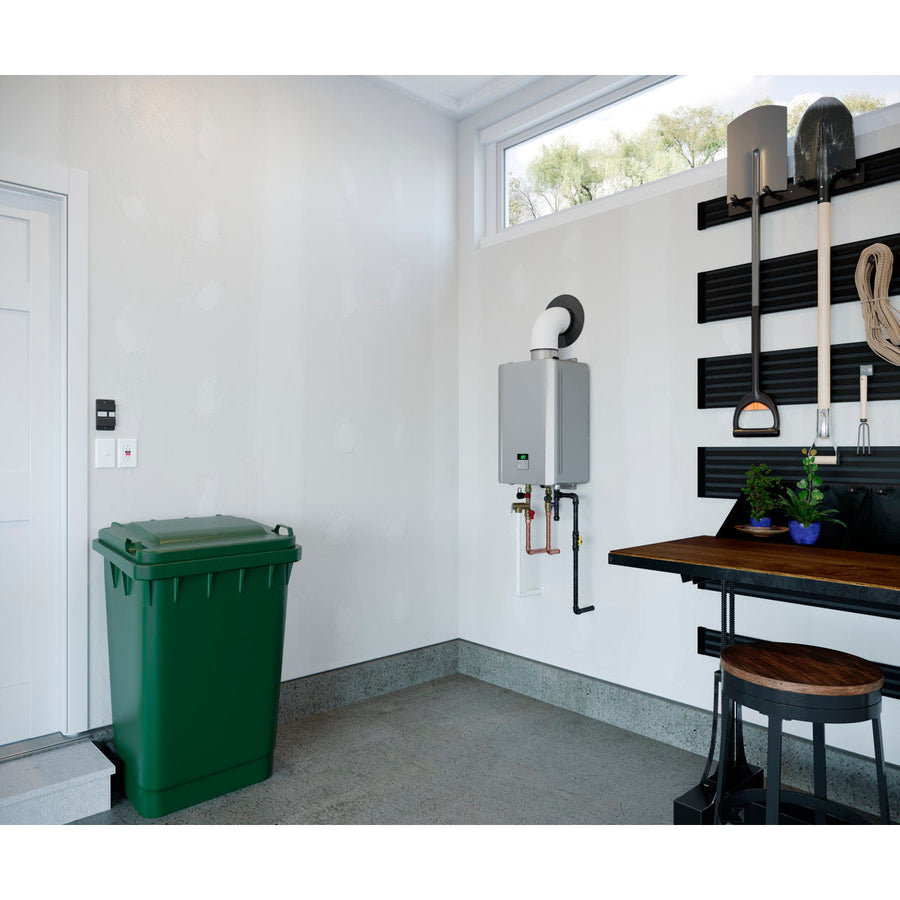 Installed | Tankless water heater shown in an indoor utility-room installation setting