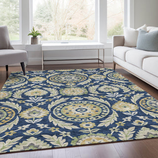 Indoor Outdoor Area Rug, 10 Ft x 14 Ft, Navy with Floral Pattern