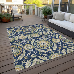 Indoor Outdoor Area Rug, 10 Ft x 14 Ft, Navy with Floral Pattern