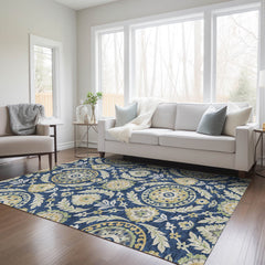 Indoor Outdoor Area Rug, 10 Ft x 14 Ft, Navy with Floral Pattern