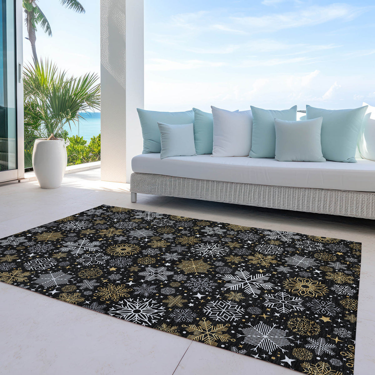 Indoor Outdoor Area Rug, 10' x 14', Black Polyester with Non-Slip Backing