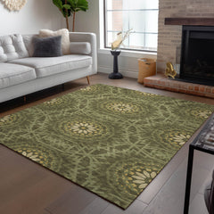 Indoor/Outdoor Area Rug, 10' x 14', Olive with Geometric Pattern