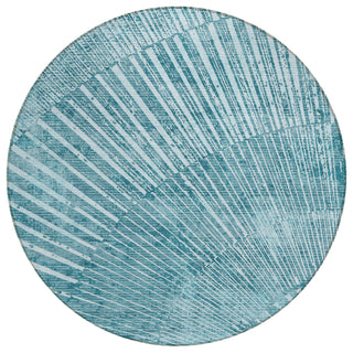 Indoor/Outdoor Area Rug, Round 8 ft in Teal with Abstract Fan Design