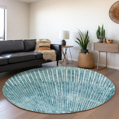 Indoor/Outdoor Area Rug, Round 8 ft in Teal with Abstract Fan Design