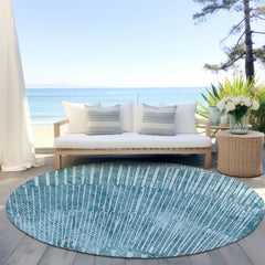 Indoor/Outdoor Area Rug, Round 8 ft in Teal with Abstract Fan Design