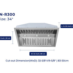 Insert Range Hood, Convertible, 34 Inch, Stainless Steel