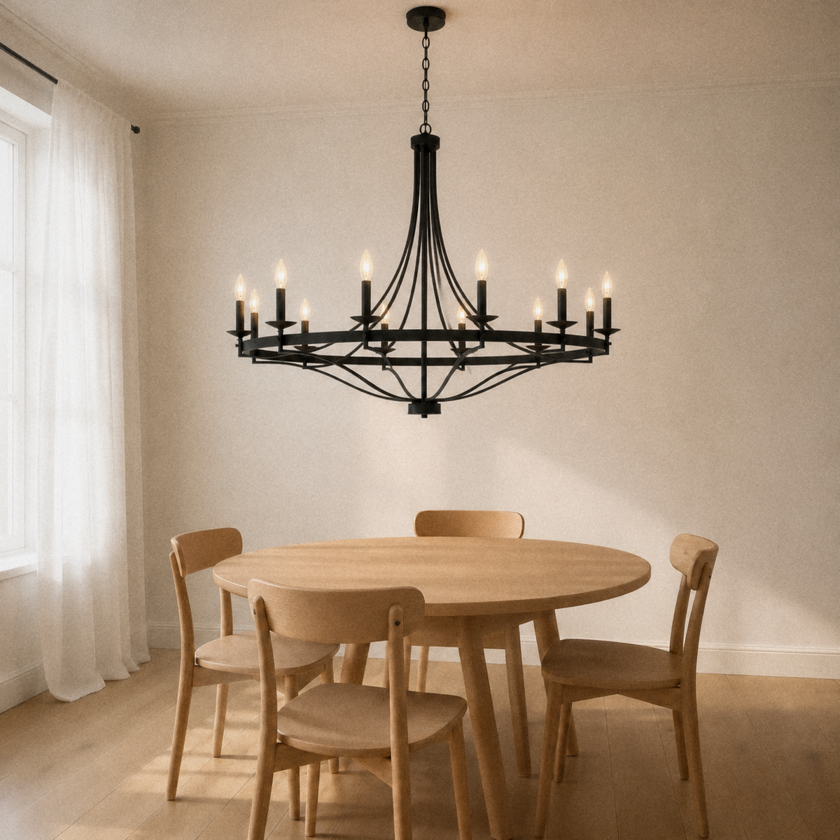 In a room | aged-zinc 12-light wagon-wheel chandelier hanging over a round oak table
