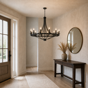Entryway | the wagon-wheel chandelier hanging over an entry console