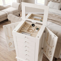 Jewelry Armoire with 6 Drawers and Mirror, Cream Manufactured Wood