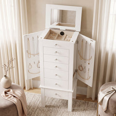 Jewelry Armoire with 6 Drawers and Mirror, Cream Manufactured Wood