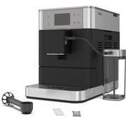 Angle | KitchenAid fully automatic espresso machine three-quarter view showing control panel and milk carafe