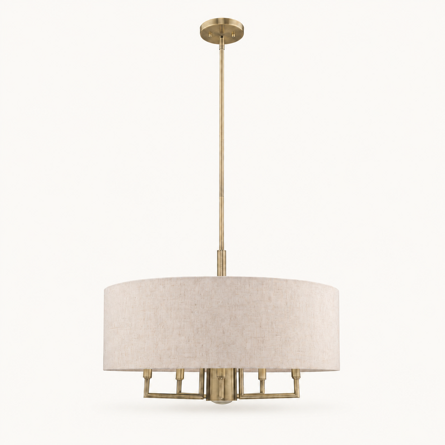Front | studio front of the beige linen-blend drum and brass rod
