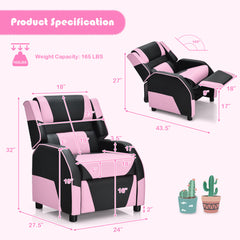 Kids Gaming Recliner, Pink Faux Leather with Solid Wood Frame