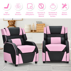 Kids Gaming Recliner, Pink Faux Leather with Solid Wood Frame