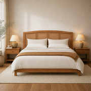 In a room | Straight-on arched walnut headboard in a bright bedroom with sheer curtains, an olive plant, and warm ceramic lamps