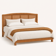 Studio | Three-quarter studio view of the headboard, wood surround, and woven panel on a pale backdrop