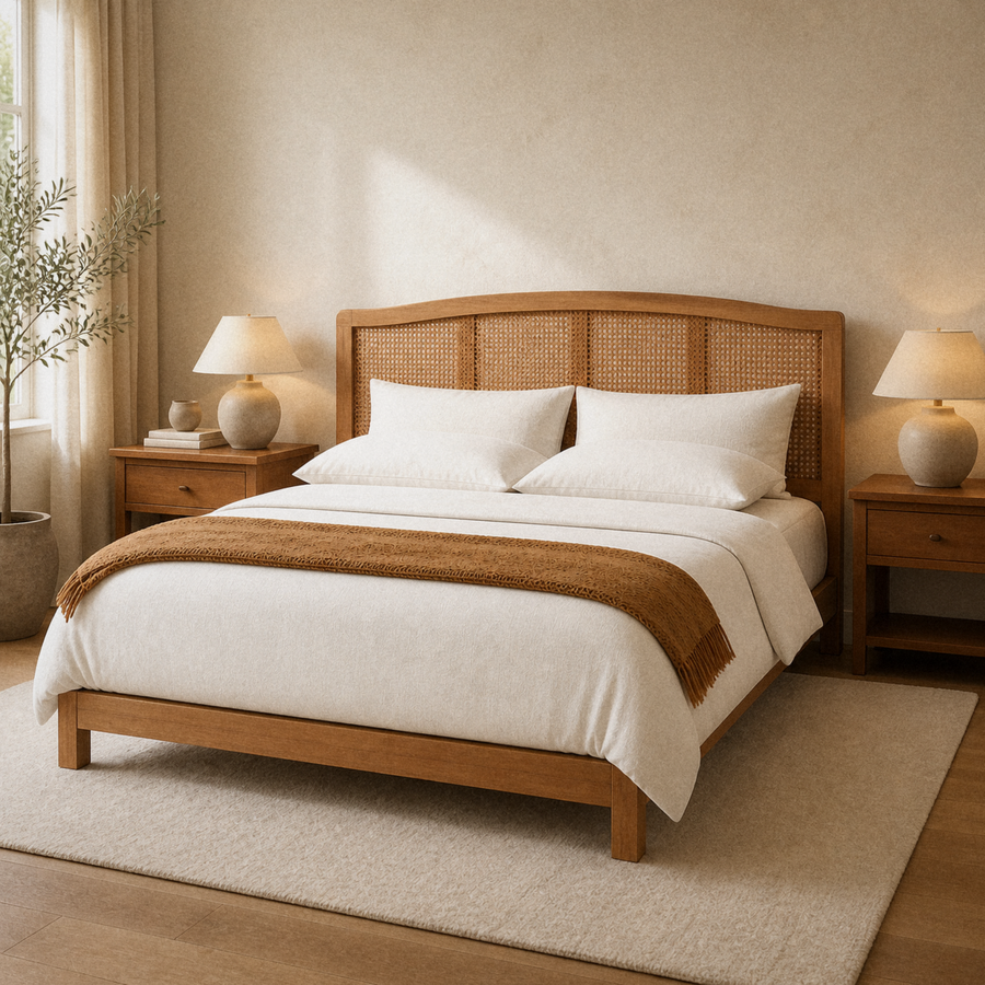 Angle | Same bright bedroom seen from the foot corner, with a wood nightstand and the woven rattan panel in profile