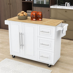 Kitchen Cart with Solid Wood Top and 3 Drawers in White and Brown