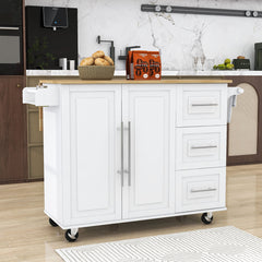 Kitchen Cart with Solid Wood Top and 3 Drawers in White and Brown