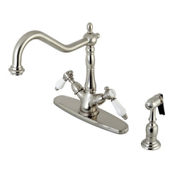 Kitchen Faucet, Heirloom, Two-Handle with Brass Sprayer in Brushed Nickel