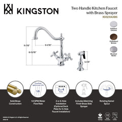 Kitchen Faucet, Heirloom, Two-Handle with Brass Sprayer in Polished Chrome