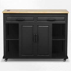 Kitchen Island, 47 Inch Extendable Table, Natural Wood Top, Black Base