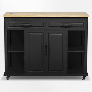 Kitchen Island, 47 Inch Extendable Table, Natural Wood Top, Black Base