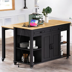 Kitchen Island, 47 Inch Extendable Table, Natural Wood Top, Black Base