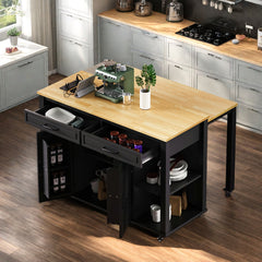 Kitchen Island, 47 Inch Extendable Table, Natural Wood Top, Black Base