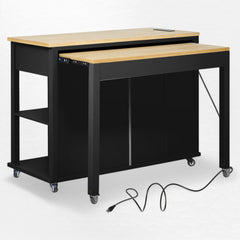 Kitchen Island, 47 Inch Extendable Table, Natural Wood Top, Black Base