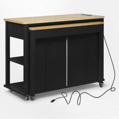 Kitchen Island, 47 Inch Extendable Table, Natural Wood Top, Black Base