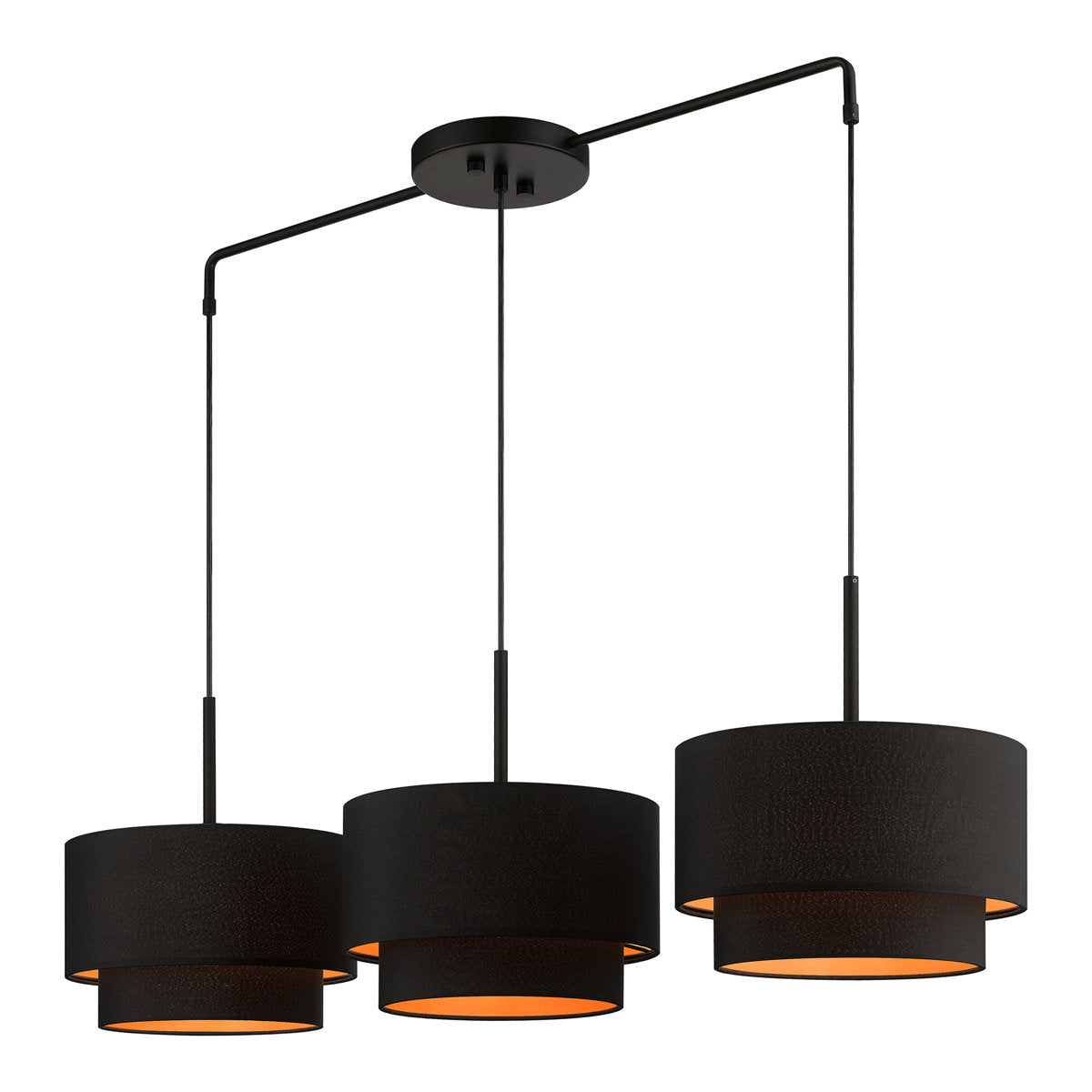 Kitchen Island Chandelier, 3-Light, Matte Black Steel with Double Drum Shades