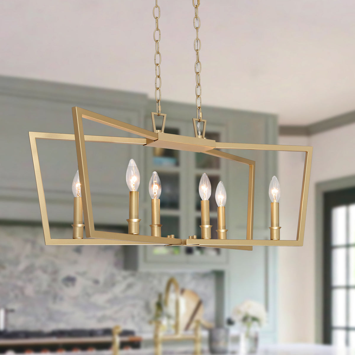 Kitchen Island Chandelier, 6-Light Open X-Shape Frame in Gold