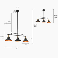 Kitchen Island Pendant Light, 3 Lights, Metal with Black Shades