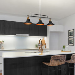 Kitchen Island Pendant Light, 3 Lights, Metal with Black Shades