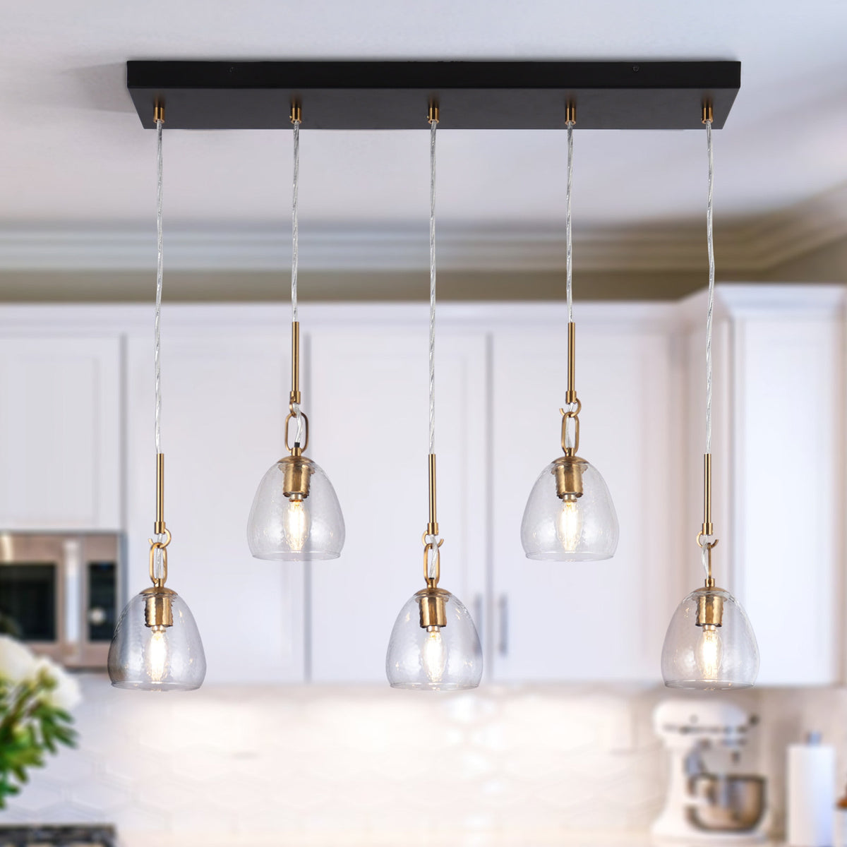 Kitchen Island Pendant Light, 5-Light Cluster with Clear Hammered Glass Shades
