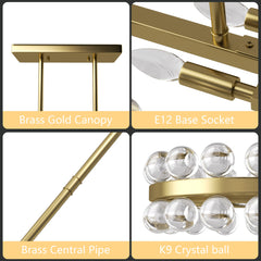 Kitchen Island Pendant Light, 8 Lights, Brass Metal with Clear Crystal