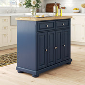 Kitchen Island with 2 Drawers and 4 Doors, Navy Base with Natural Wood Top