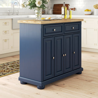 Kitchen Island with 2 Drawers and 4 Doors, Navy Base with Natural Wood Top