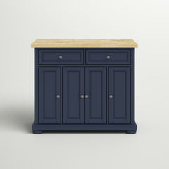 Kitchen Island with 2 Drawers and 4 Doors, Navy Base with Natural Wood Top