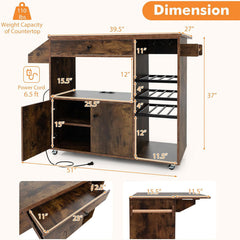Kitchen Island with Drop-Leaf Countertop and Locking Casters, Rustic Brown Base